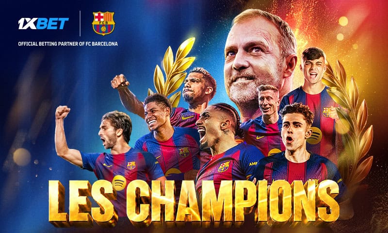 Les joueurs du FC Barcelone célèbrent leur titre de champions d'Espagne après leur victoire contre le Real Madrid lors du Clásico, avec le soutien de 1xBet